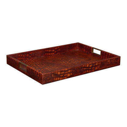 Norton Croco Leather and Brass Reddish Brown Tray