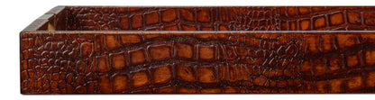 Norton Croco Leather and Brass Reddish Brown Tray