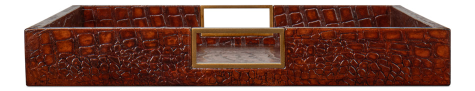 Norton Croco Leather and Brass Reddish Brown Tray