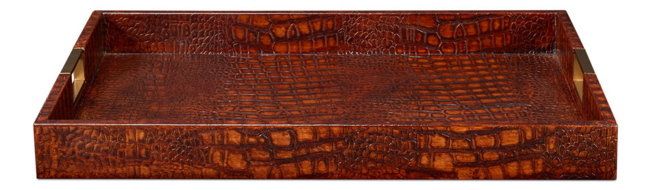 Norton Croco Leather and Brass Reddish Brown Tray