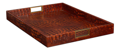 Norton Croco Leather and Brass Reddish Brown Tray