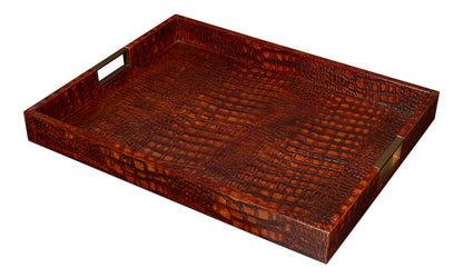 Norton Croco Leather and Brass Reddish Brown Tray