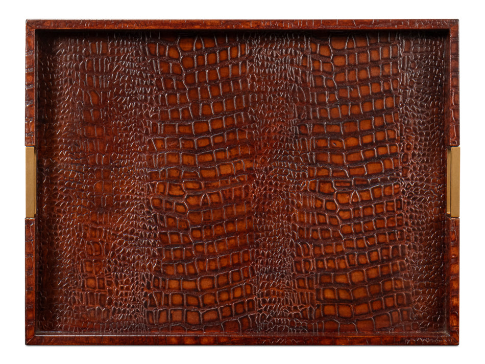 Norton Croco Leather and Brass Reddish Brown Tray