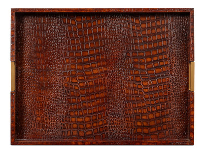 Norton Croco Leather and Brass Reddish Brown Tray