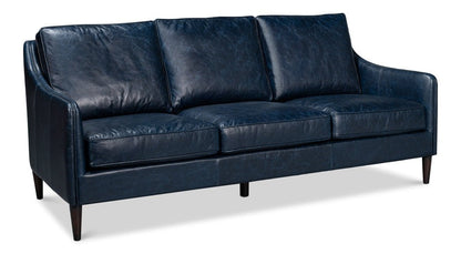 Alehandro Leather and Wood Blue Sofa