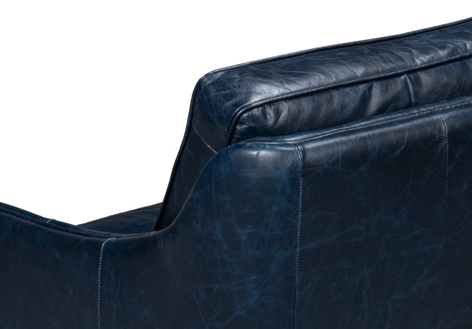 Alehandro Leather and Wood Blue Sofa