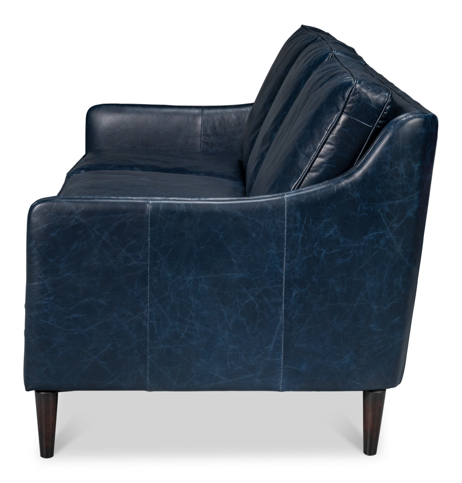 Alehandro Leather and Wood Blue Sofa