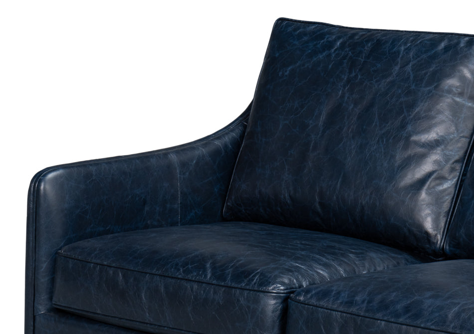 Alehandro Leather and Wood Blue Sofa