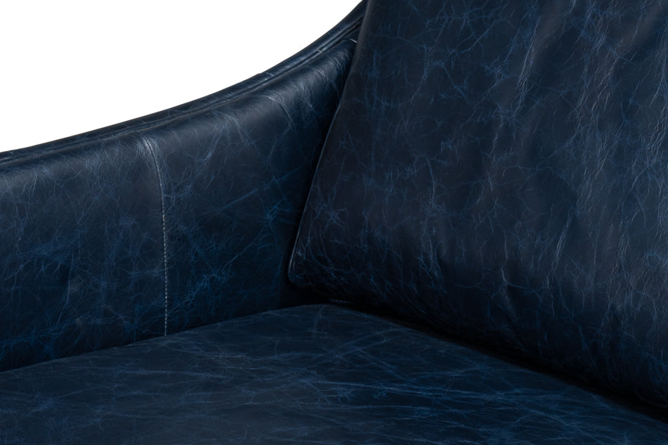 Alehandro Leather and Wood Blue Sofa