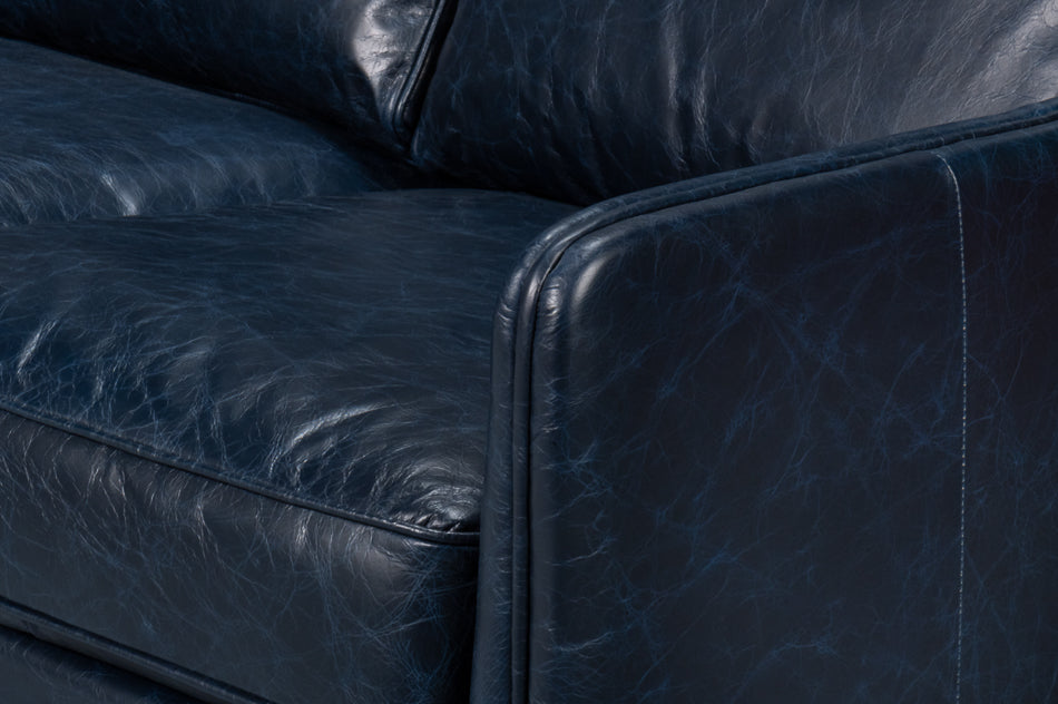 Alehandro Leather and Wood Blue Sofa