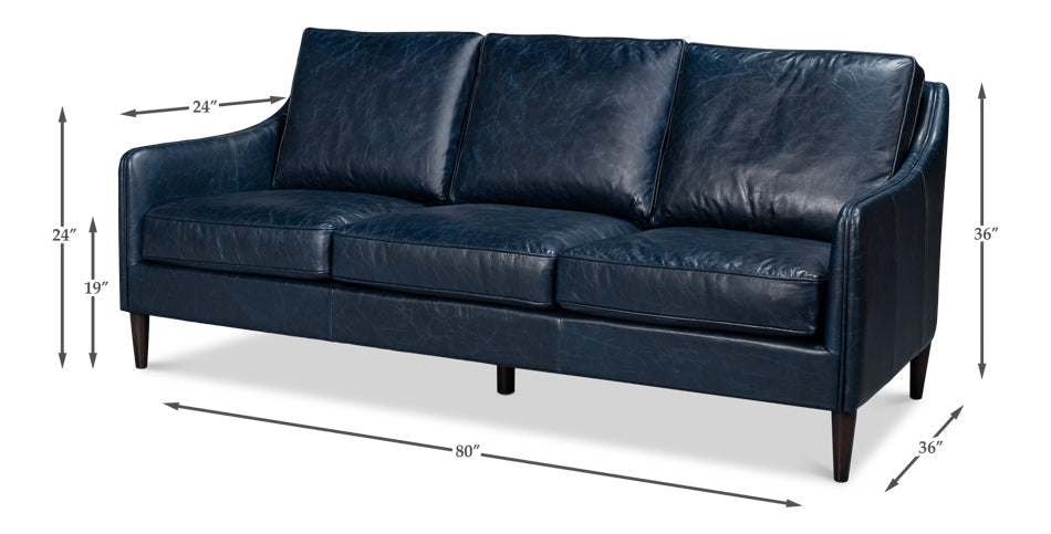 Alehandro Leather and Wood Blue Sofa