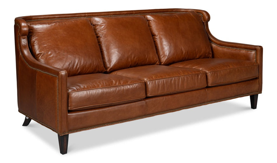 Philipe Distilled Leather and Wood Brown Sofa