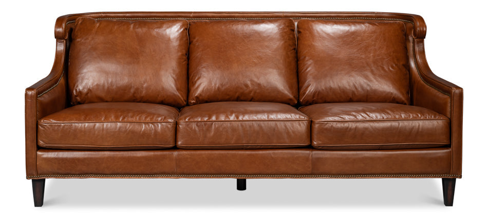 Philipe Distilled Leather and Wood Brown Sofa