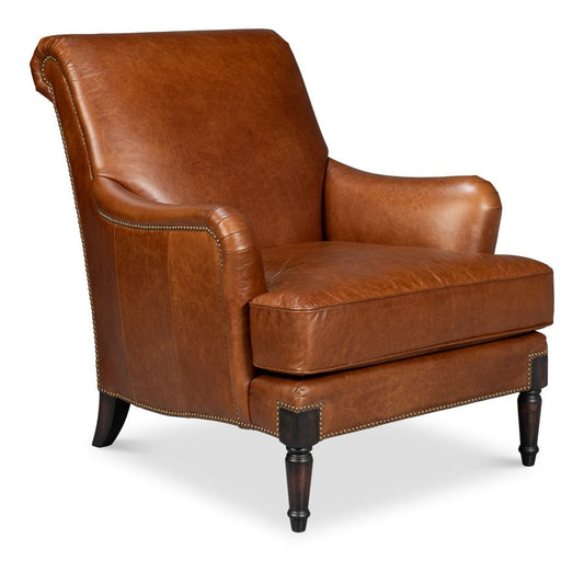 Gaston Distilled Leather and Wood Brown Arm Chair