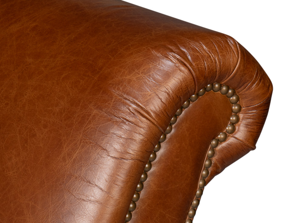 Gaston Distilled Leather and Wood Brown Arm Chair