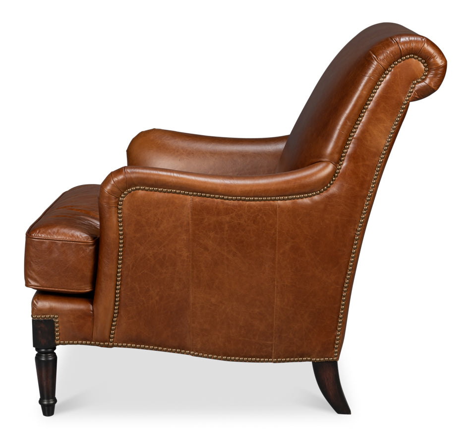 Gaston Distilled Leather and Wood Brown Arm Chair