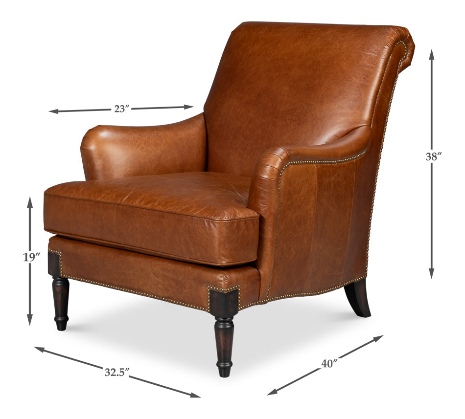 Gaston Distilled Leather and Wood Brown Arm Chair