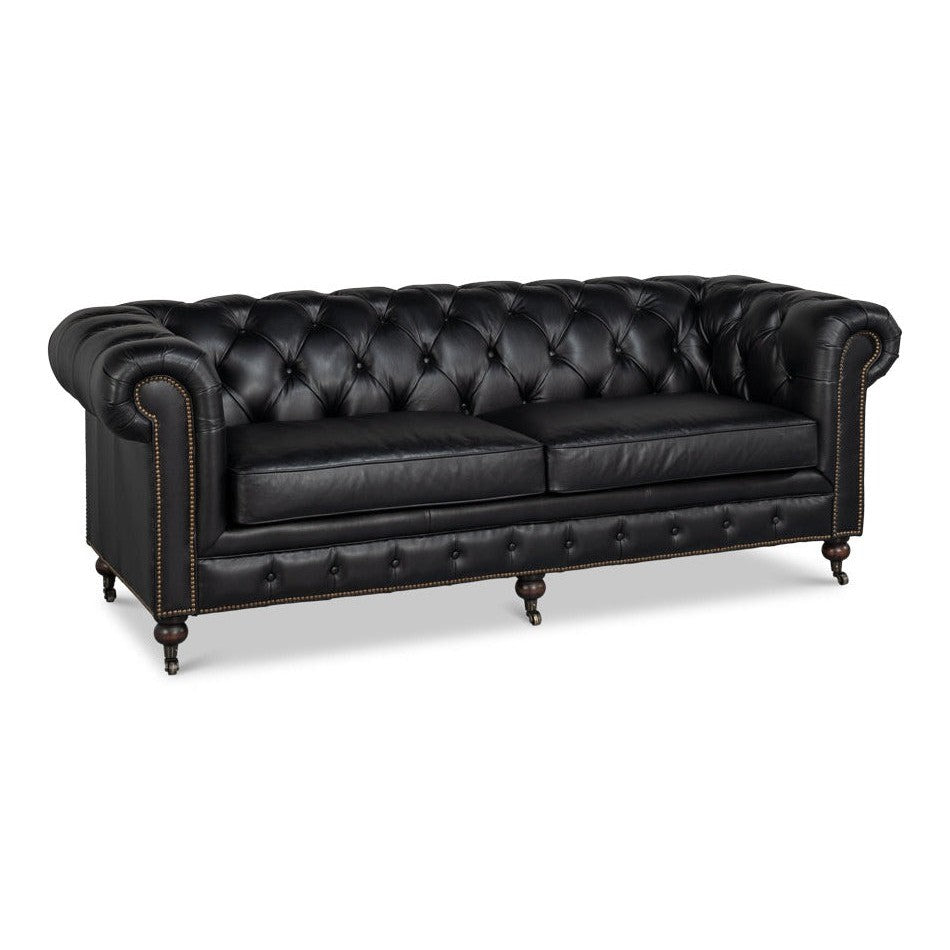 Castered Chesterfield Wood Onyx Black Sofa