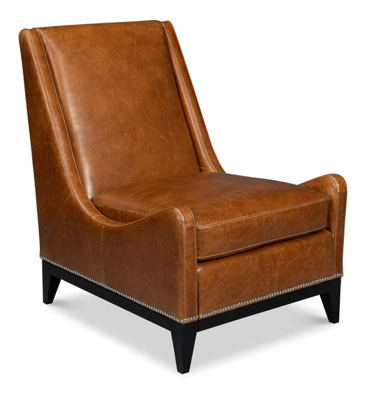 Brandy Wood and Leather Brown Armless Accent Chair