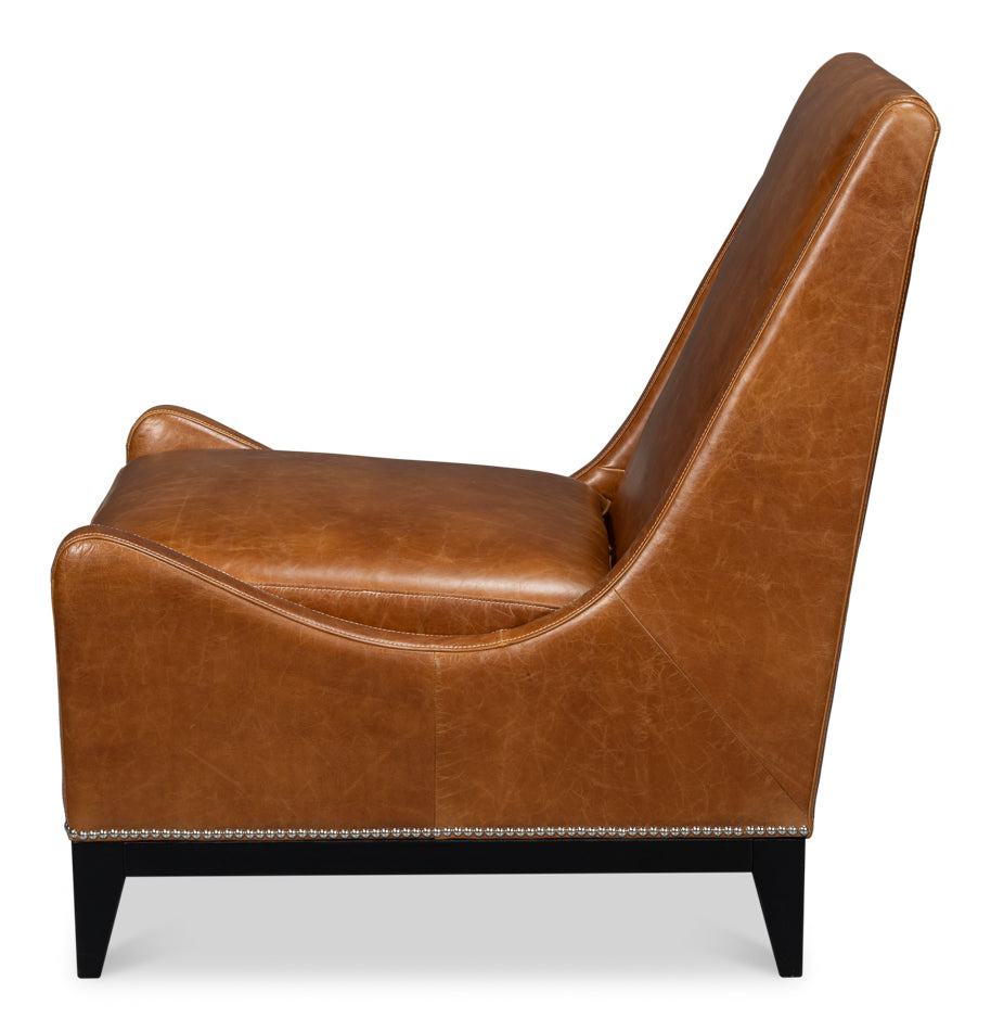 Brandy Wood and Leather Brown Armless Accent Chair