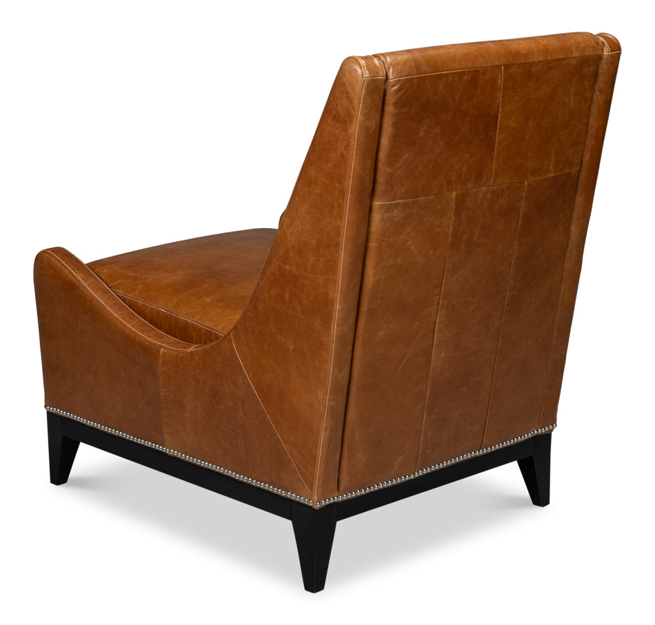 Brandy Wood and Leather Brown Armless Accent Chair