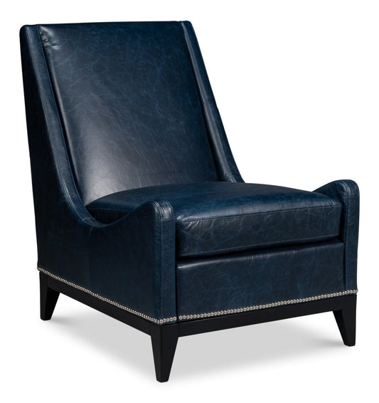 Brandy Wood and Leather Blue Armless Accent Chair