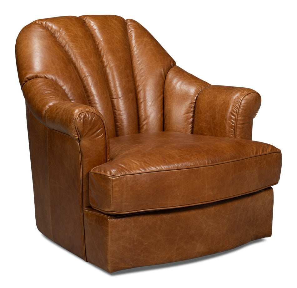 Scoth Wood and Leather Brown Swivel Arm Chair