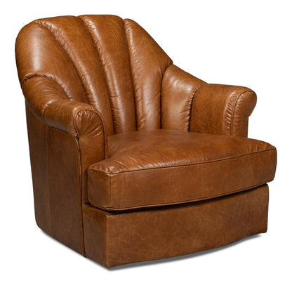 Scoth Wood and Leather Brown Swivel Arm Chair