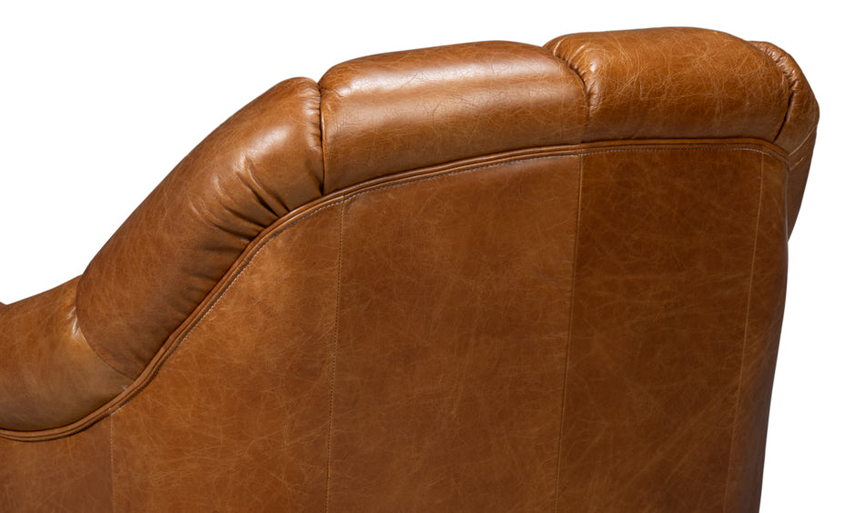 Scoth Wood and Leather Brown Swivel Arm Chair