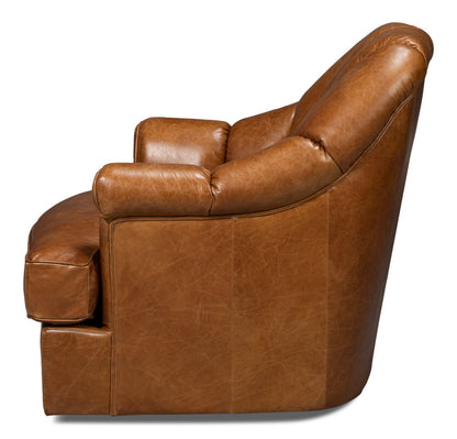 Scoth Wood and Leather Brown Swivel Arm Chair