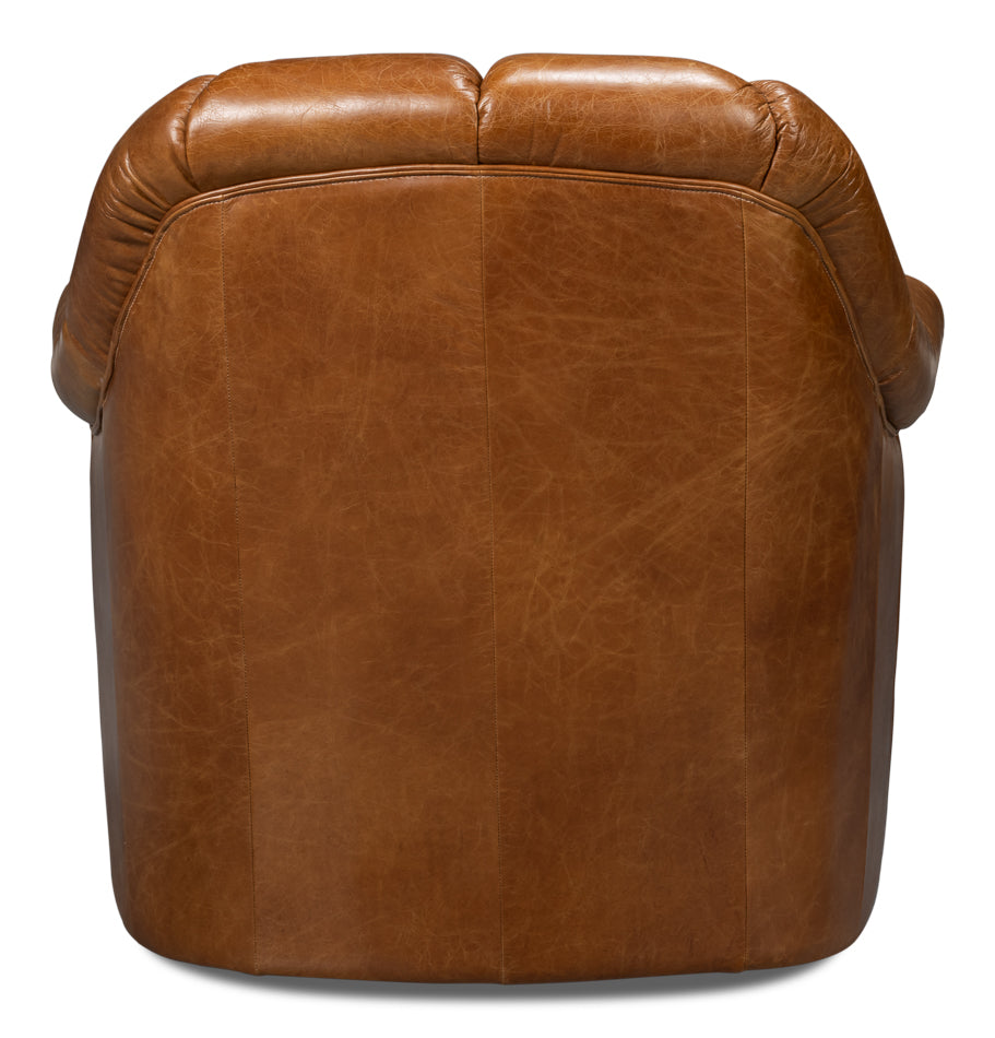 Scoth Wood and Leather Brown Swivel Arm Chair