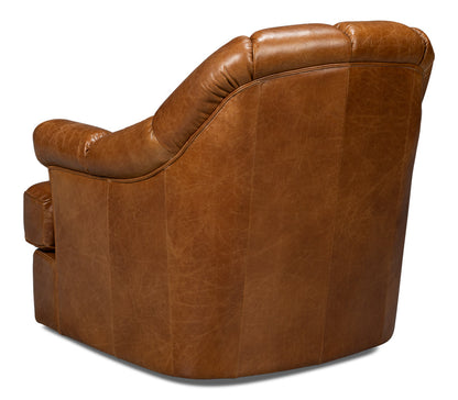 Scoth Wood and Leather Brown Swivel Arm Chair