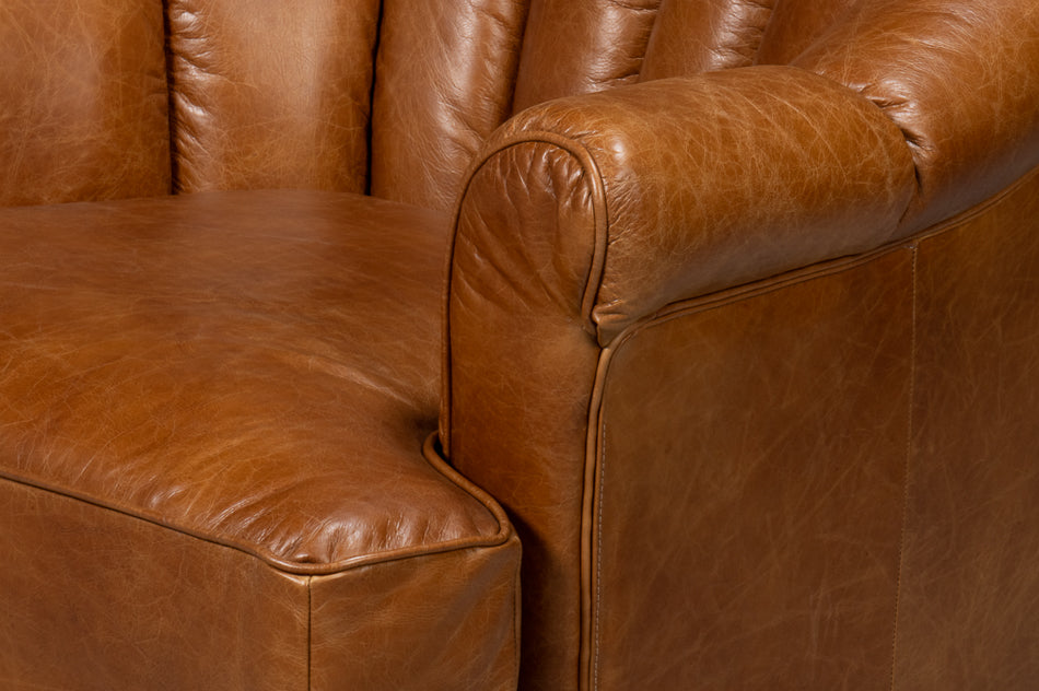 Scoth Wood and Leather Brown Swivel Arm Chair