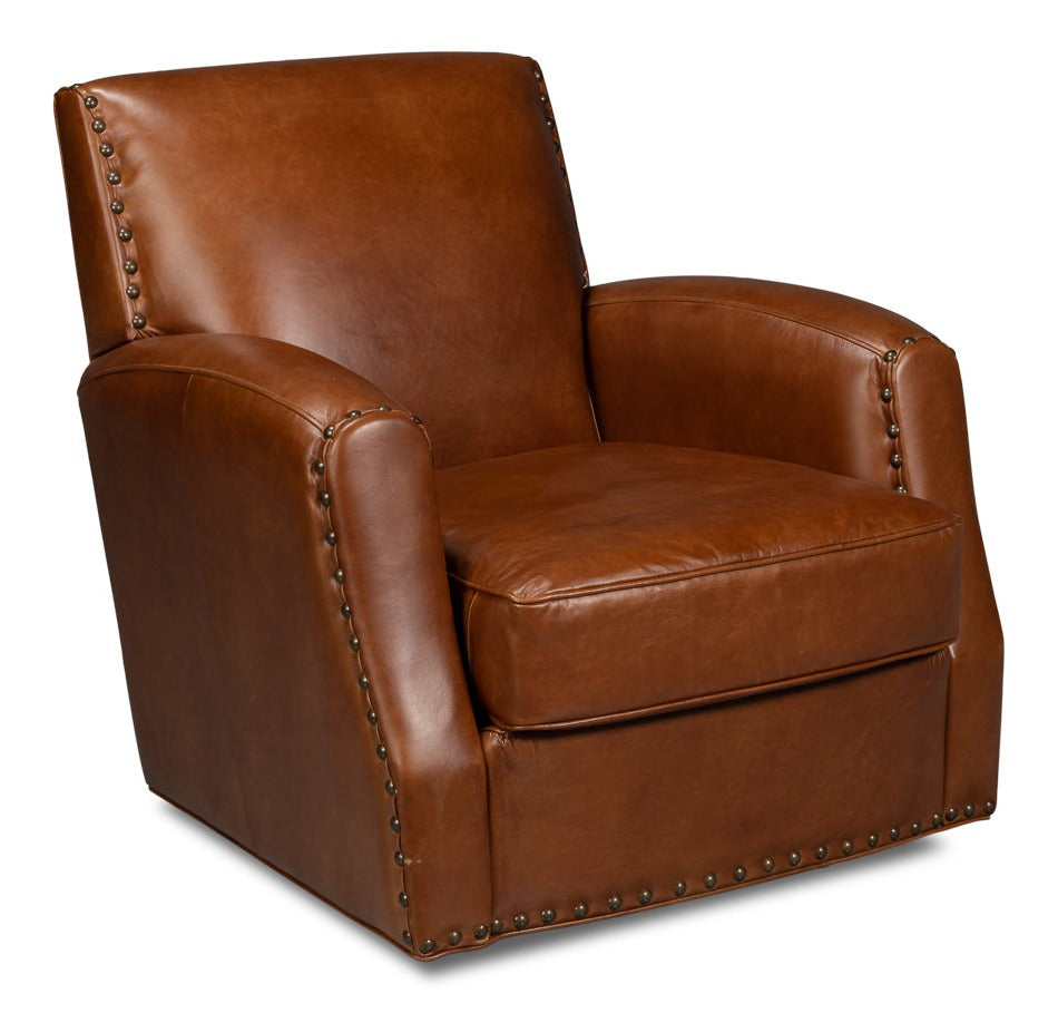 Taft Wood and Leather Brown Swivel Arm Chair