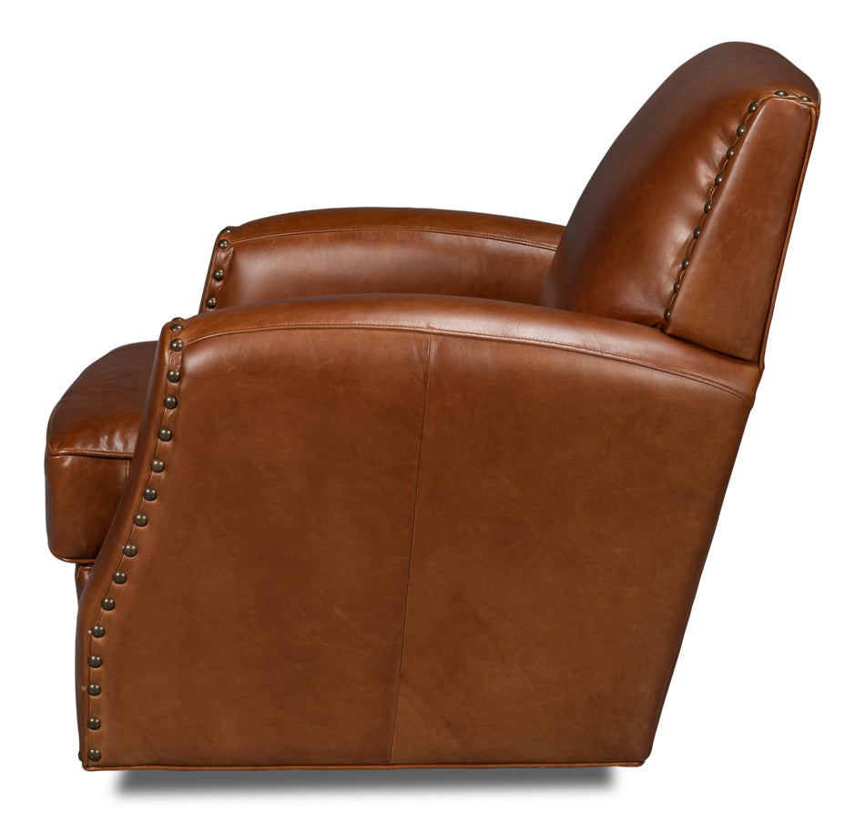 Taft Wood and Leather Brown Swivel Arm Chair