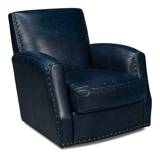 Taft Wood and Leather Blue Swivel Arm Chair