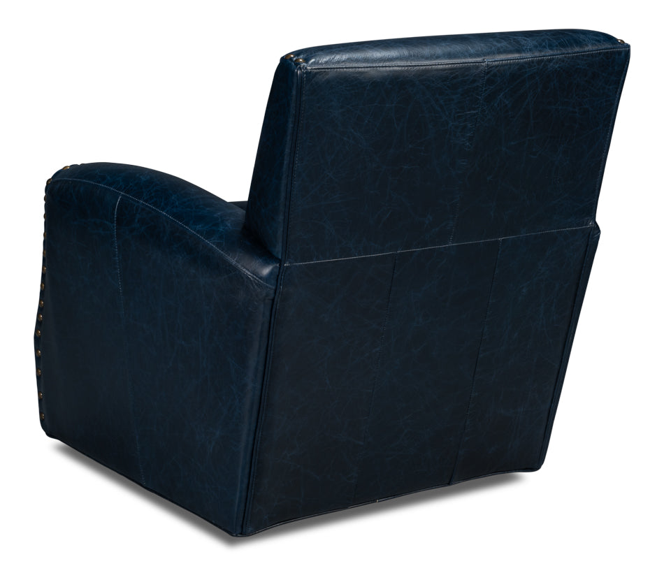 Taft Wood and Leather Blue Swivel Arm Chair