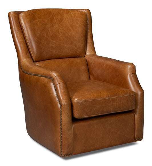 Baker Wood and Leather Brown Swivel Arm Chair