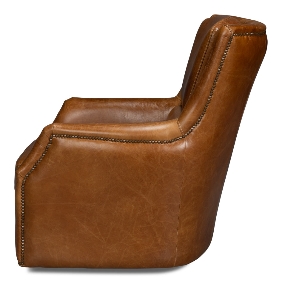 Baker Wood and Leather Brown Swivel Arm Chair