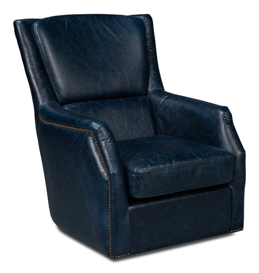 Baker Wood and Leather Blue Swivel Arm Chair