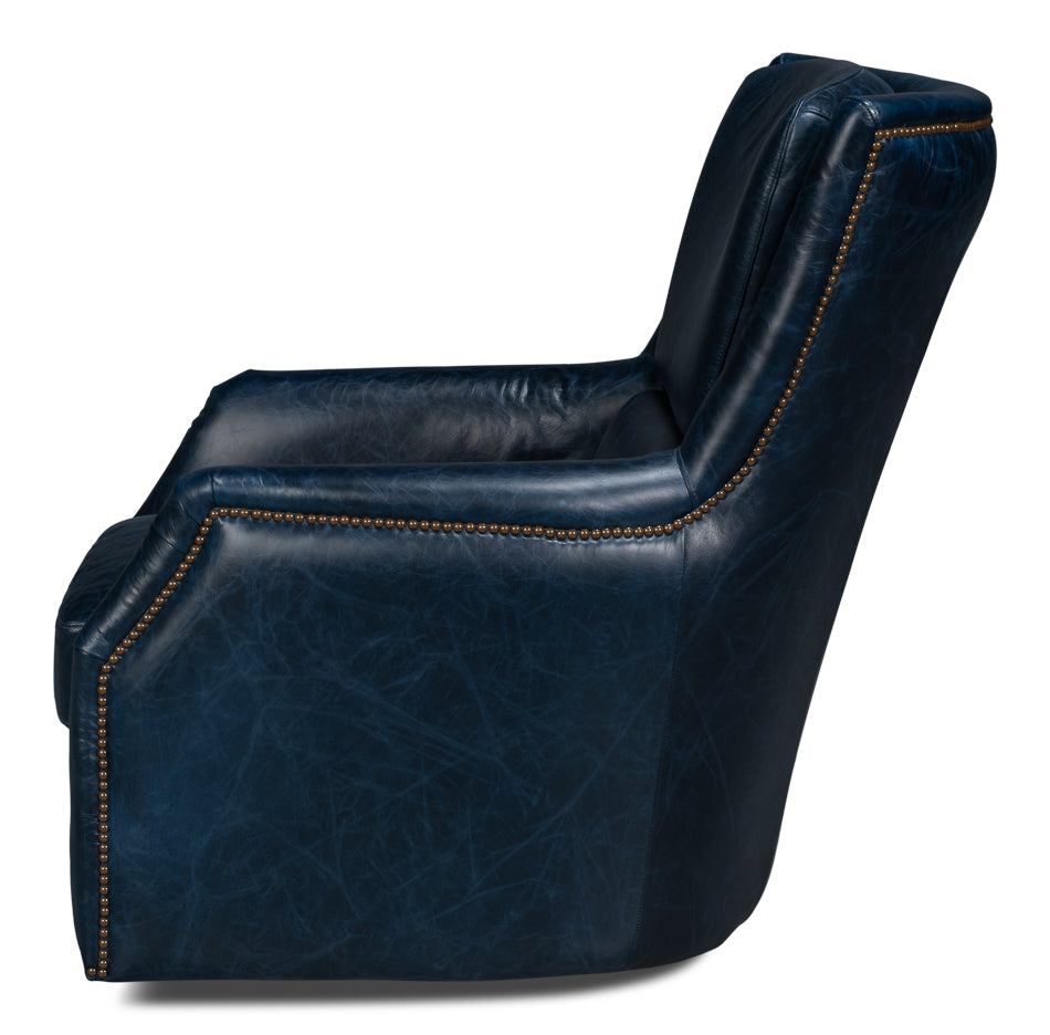 Baker Wood and Leather Blue Swivel Arm Chair