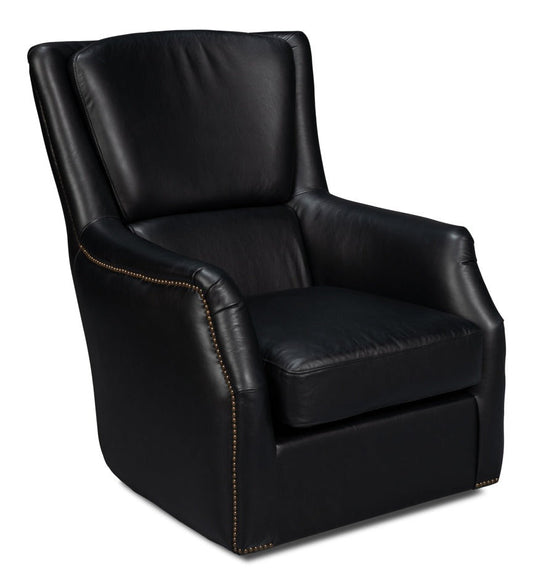 BakerWood and Leather Black Swivel Arm Chair