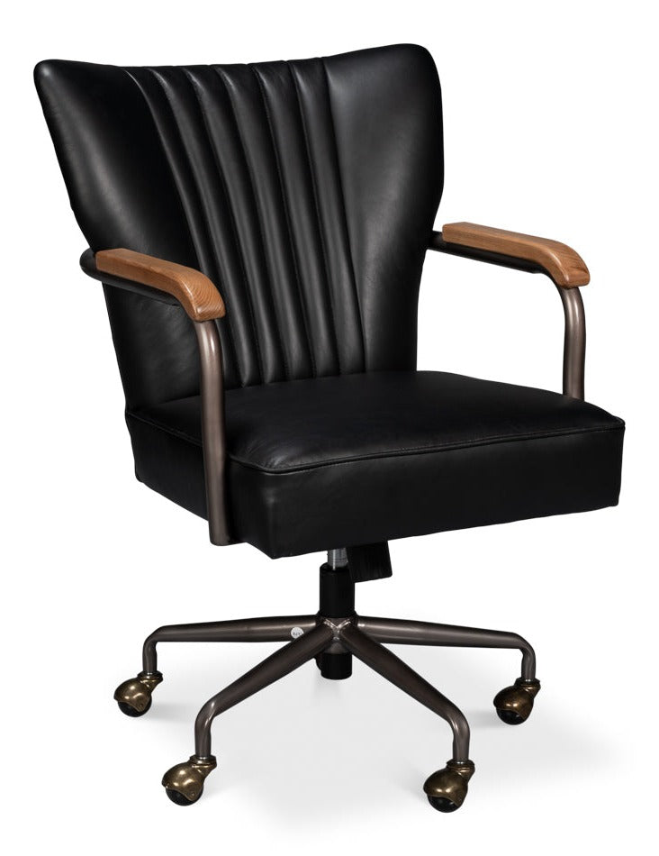 Brooks Metal and Leather Black Swivel Arm Chair