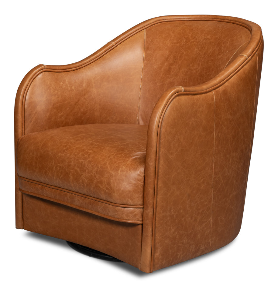 Braxton Wood and Leather Brown Swivel Arm Chair