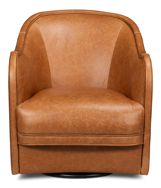 Braxton Wood and Leather Brown Swivel Arm Chair