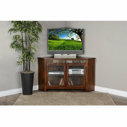 55" Dark Brown Wood Corner TV Stand Media Console With Glass Doors TV Stands & Media Centers Sideboards and Things By Sunny D