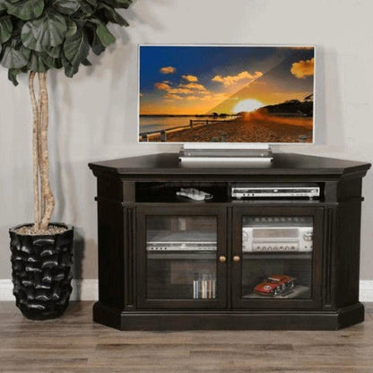 55" Wide Black Wood Corner TV Stand Media Console With Glass Doors TV Stands & Media Centers Sideboards and Things By Sunny D