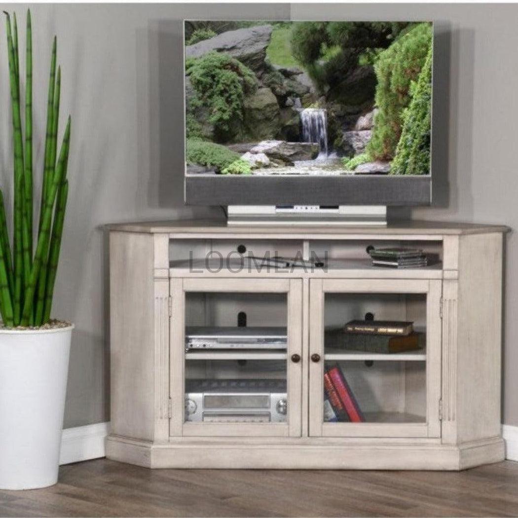 55" Wide Off White Wood Corner TV Stand Media Console With Glass Doors TV Stands & Media Centers Sideboards and Things By Sunny D