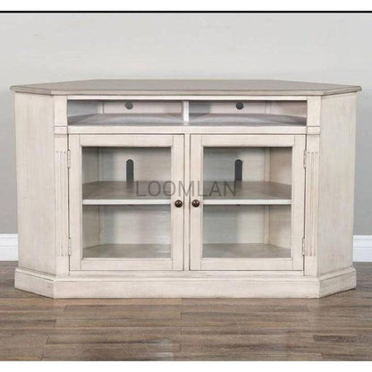 55" Wide Off White Wood Corner TV Stand Media Console With Glass Doors TV Stands & Media Centers Sideboards and Things By Sunny D