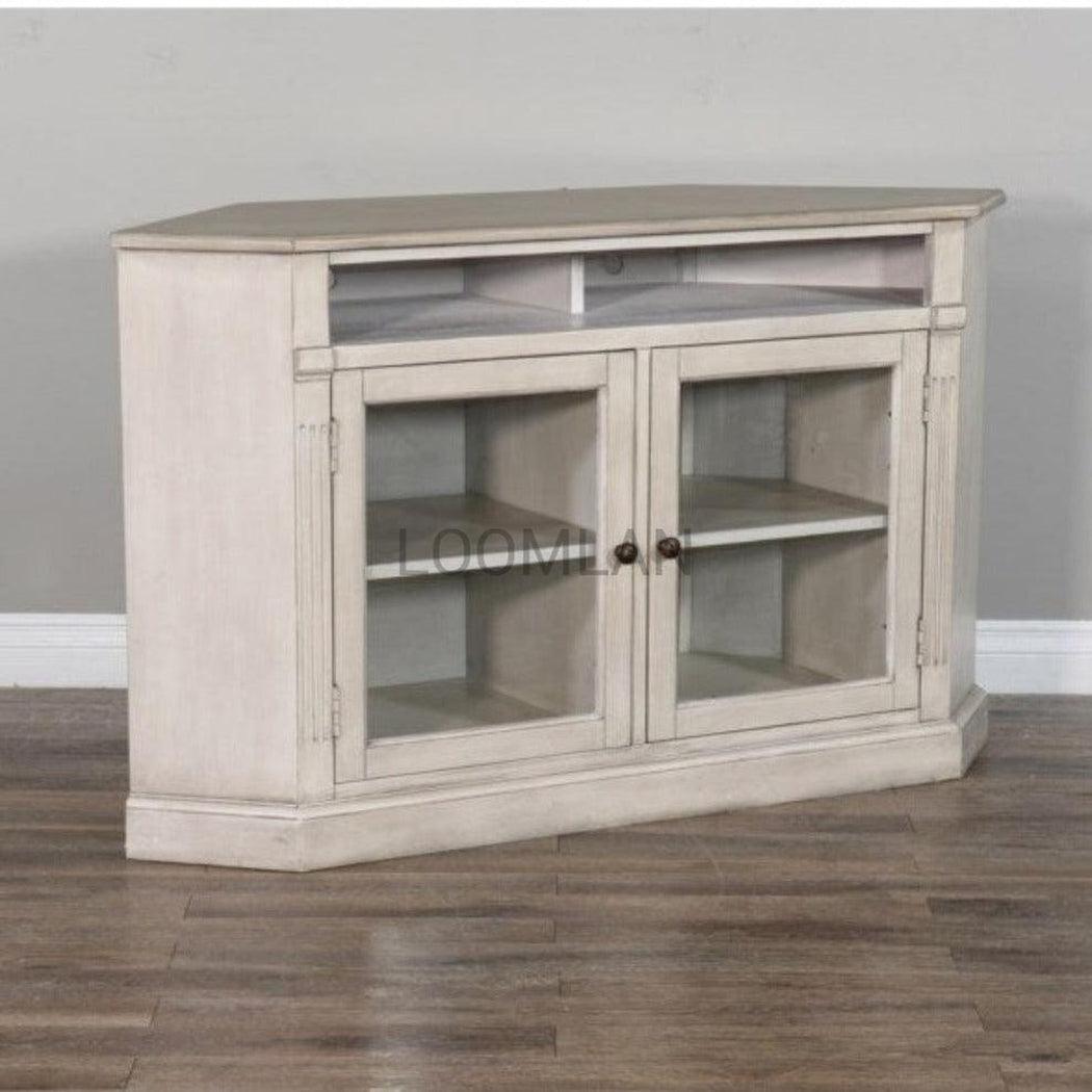 55" Wide Off White Wood Corner TV Stand Media Console With Glass Doors TV Stands & Media Centers Sideboards and Things By Sunny D